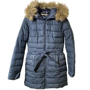 Hollister Womens Puffer Jacket Size Small Black Belted Faux Fur Hooded